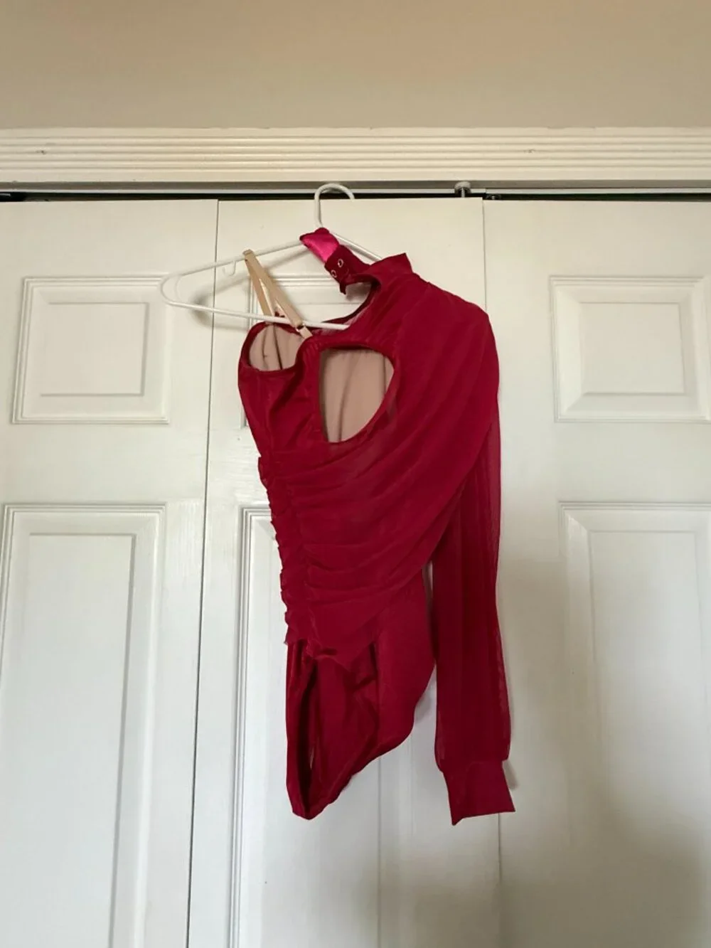 Weissmans Maroon asymetrical dance costume with cutouts and sequins
